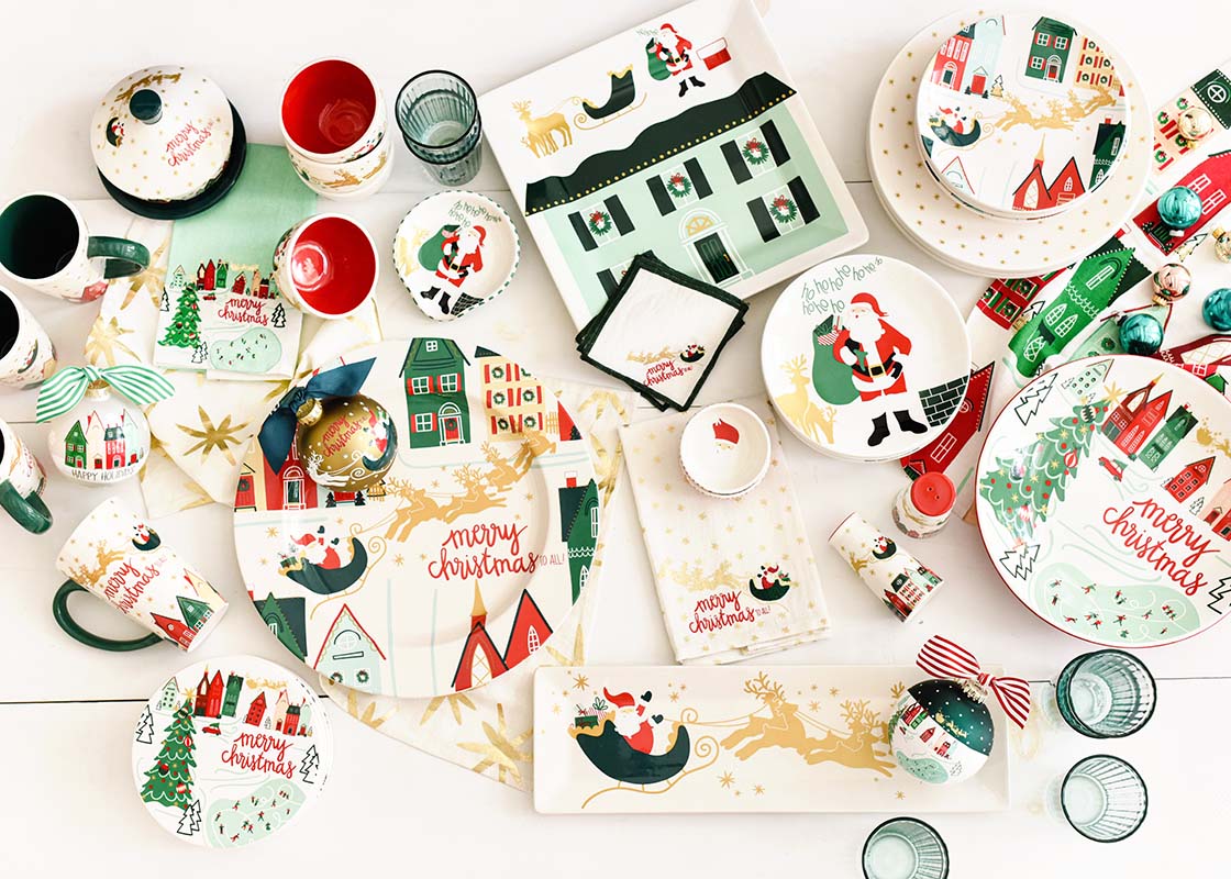 Overhead View of Holiday Serveware Designs Including Christmas in the Village Rooftop Square Platter