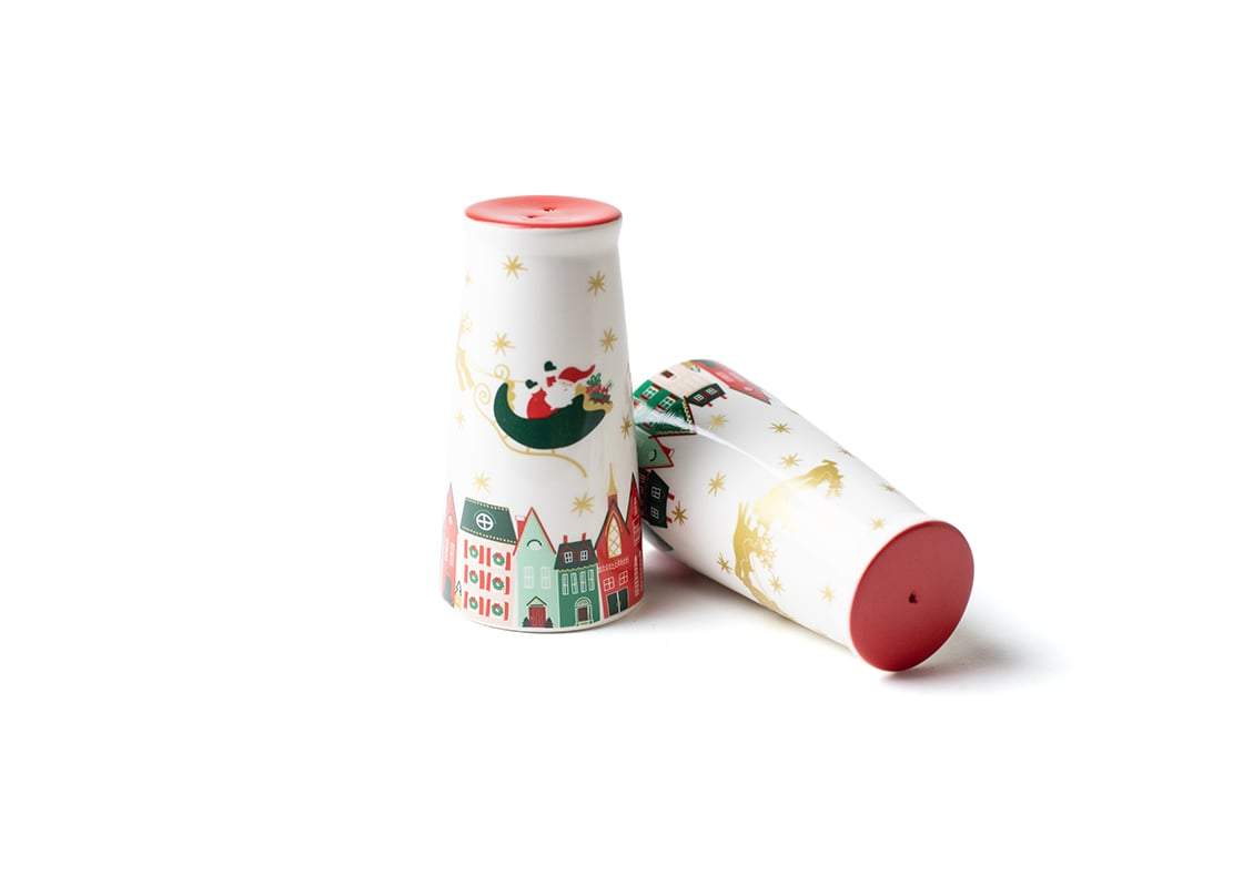 Front View of Creatively Placed Flying Santa Salt and Pepper Shaker Set Showing it's Personality