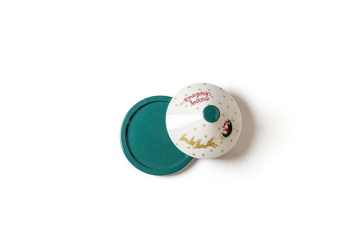 Overhead View of Domed Lid Slightly Ajar of Flying Santa Round Butter Dish Allowing a Peek of Tray