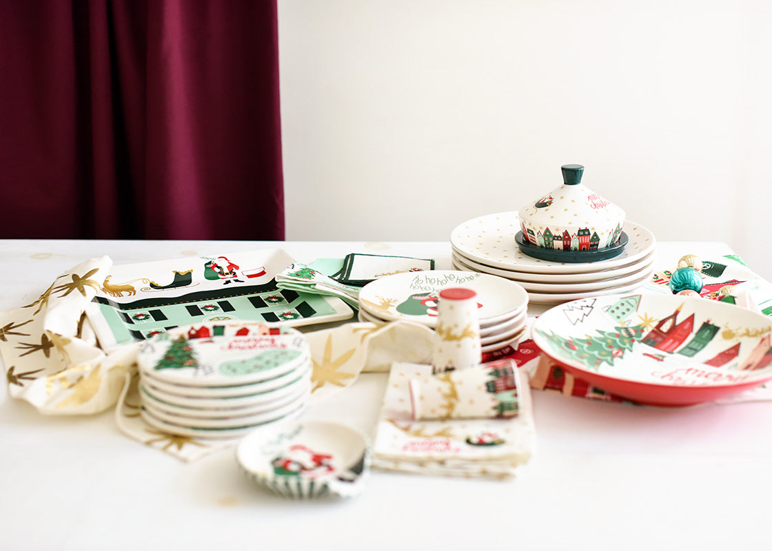 Front View of Coordinating Christmas Designs Including Christmas in the Village Butter Dish