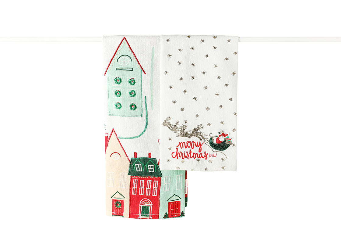 Front View of Folded Christmas in the Village Santa Hand Towels Set of 2 Layered and Hung on Towel Rod to Inspire