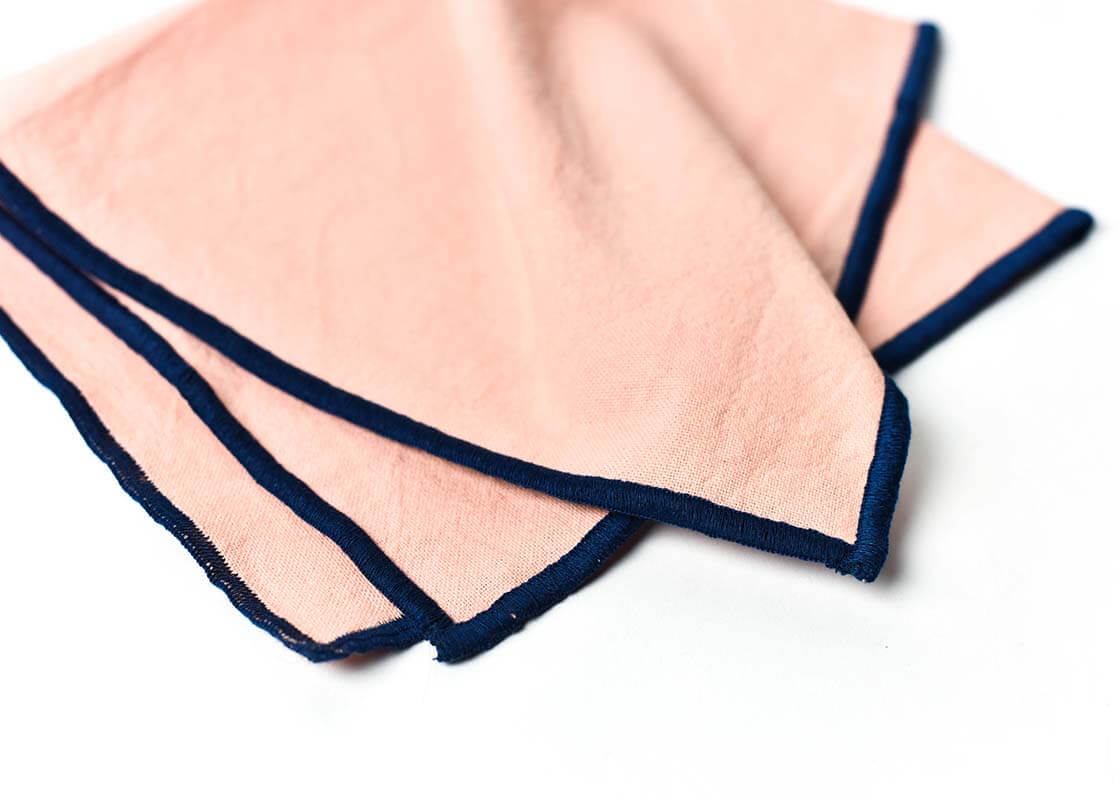 Cropped Close up of Navy Hem Stitched Edging on Provence and Navy Color Block Napkins Set of 4 Showcasing Beautiful Texture of Fabric