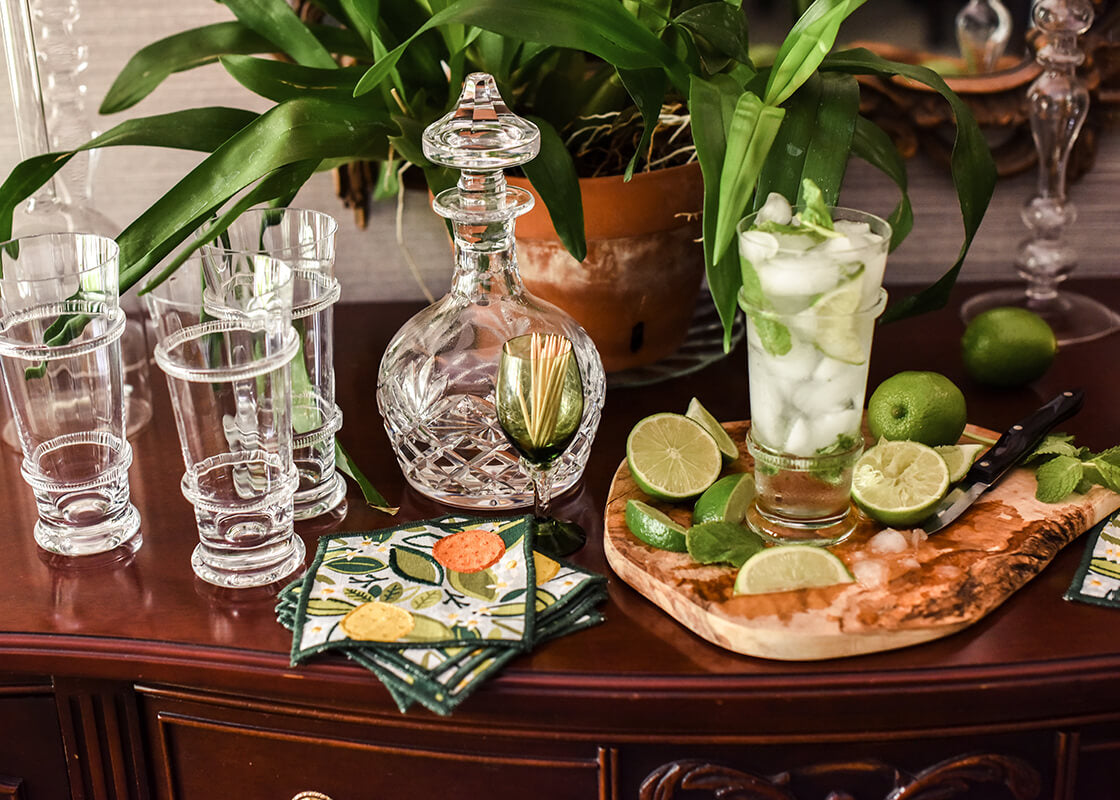 Front View of Elevated Cocktails with Citrus Print Linen Napkins