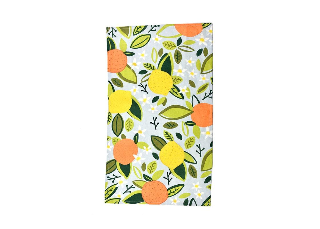 Overhead View of Unfolded Blue Citrus Print Large Hand Towel Showing Full Design