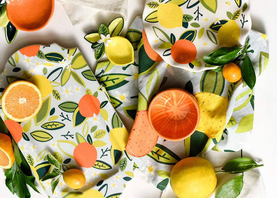 Overhead View of Citrus Designs Collection Including Kitchen Towel