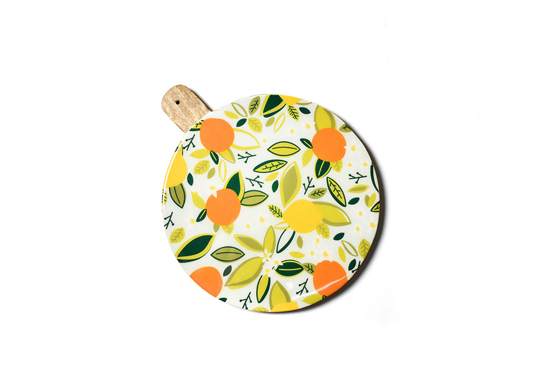 Overhead View of Blue Citrus Print Wood Medium Round Board Showcasing Design Details and Pierced Handle
