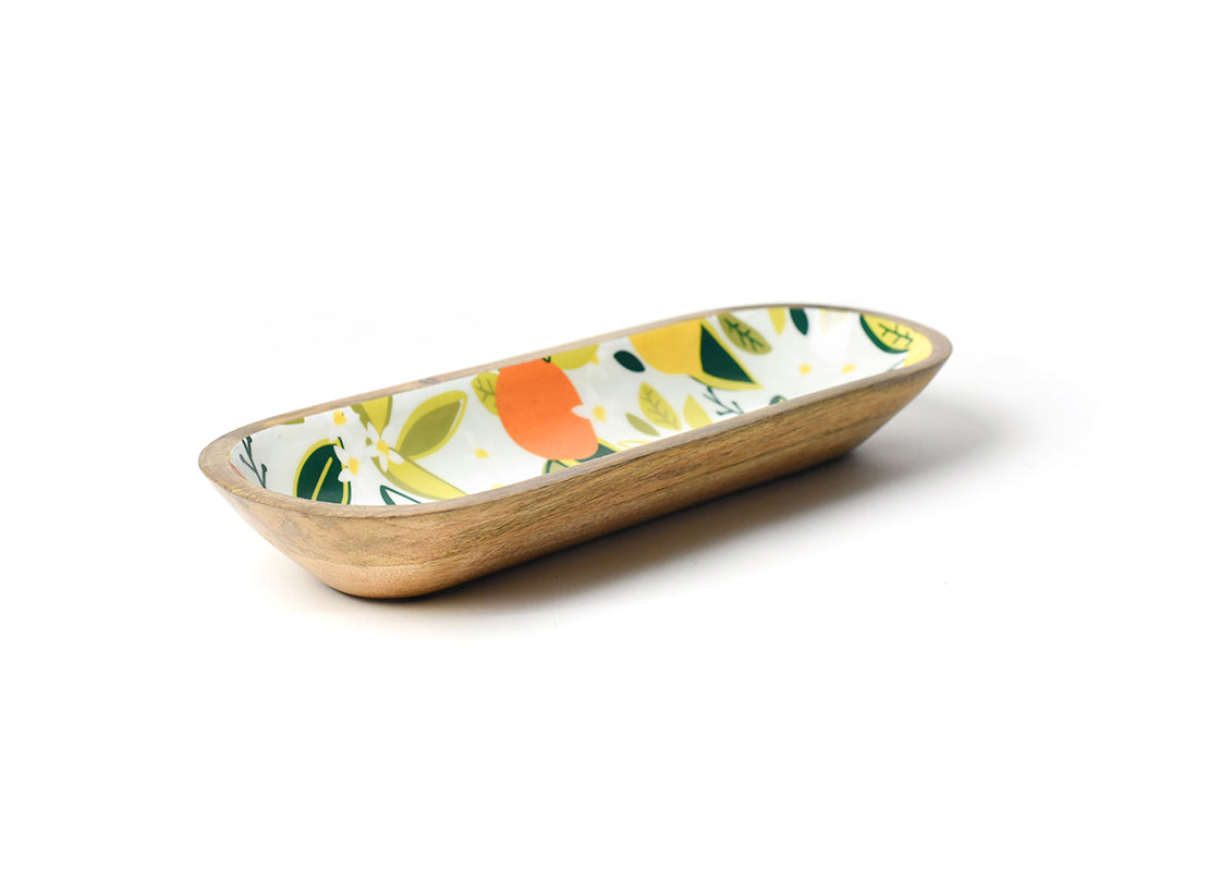 Front View of Blue Citrus Print Wood Dough Bowl Showcasing Natural Wood Design on Outside