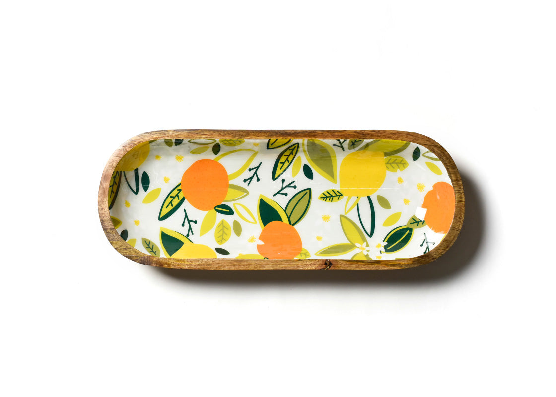 Interior view of Blue Citrus Print Wood Dough Bowl Showcasing Design Details on Inside