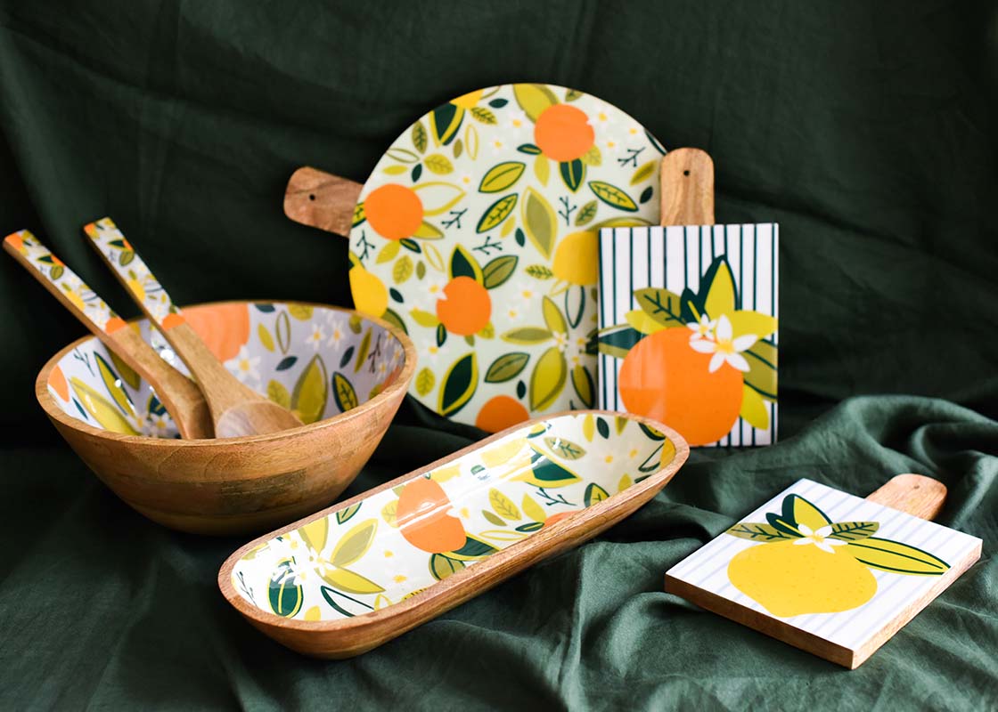 Front View of Citrus Collection Including Blue Citrus Print Wood Dough Bowl