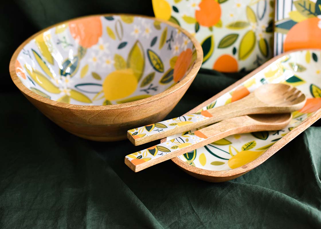 Cropped View of Blue Citrus Print Wood Dough Bowl with Coordinating Pieces from Citrus Collection