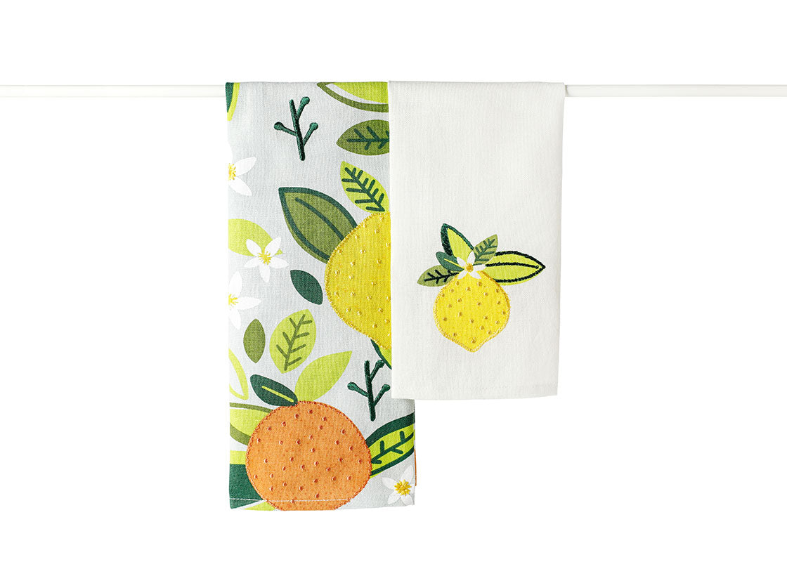 Front View of Folded Citrus Lemon Hand Towels Set of 2 Layered and Hung on Towel Rod to Inspire