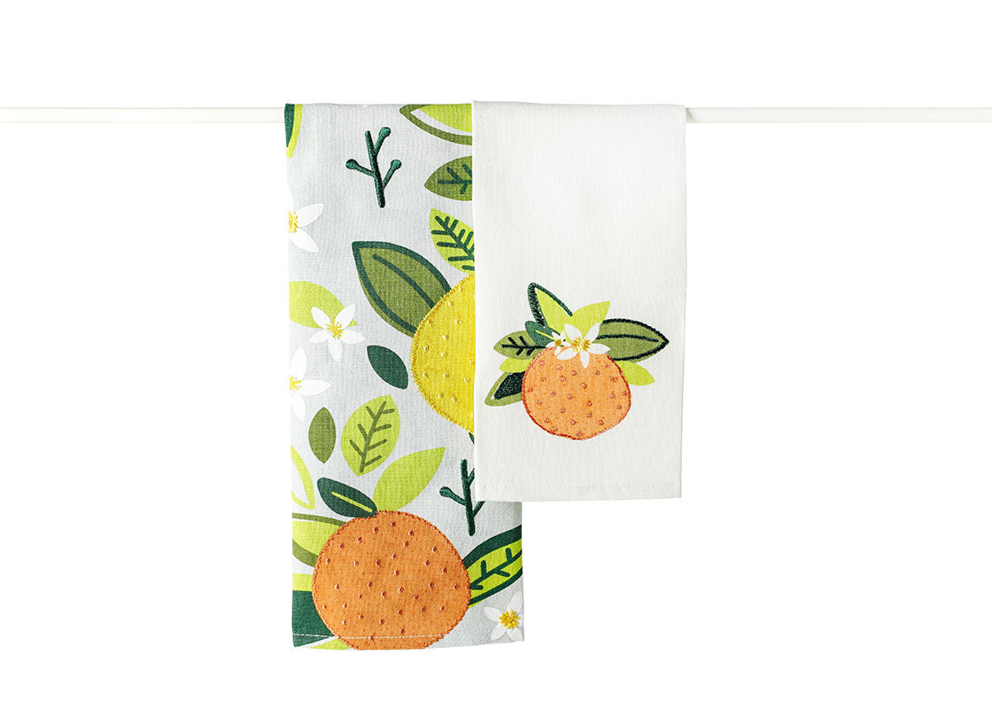 Front View of Folded Citrus Orange Hand Towels Set of 2 Layered and Hung on Towel Rod to Inspire