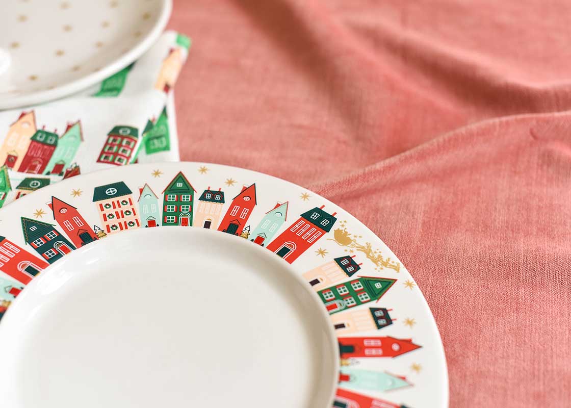 Extreme Cropped Close up of Flying Santa Rimmed Dinner Plate