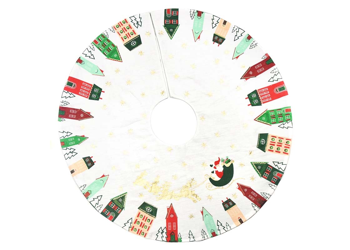 Overhead View of Fully Opened Flying Santa Tree Skirt Showing Complete Design
