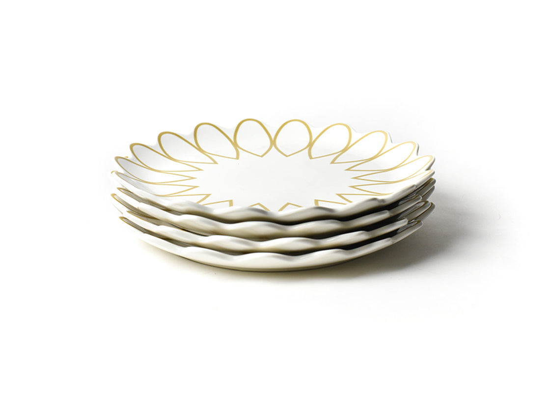 Front View of Neatly Stacked Deco Gold Scallop Platter Set of 4 Showing all Pieces in Set