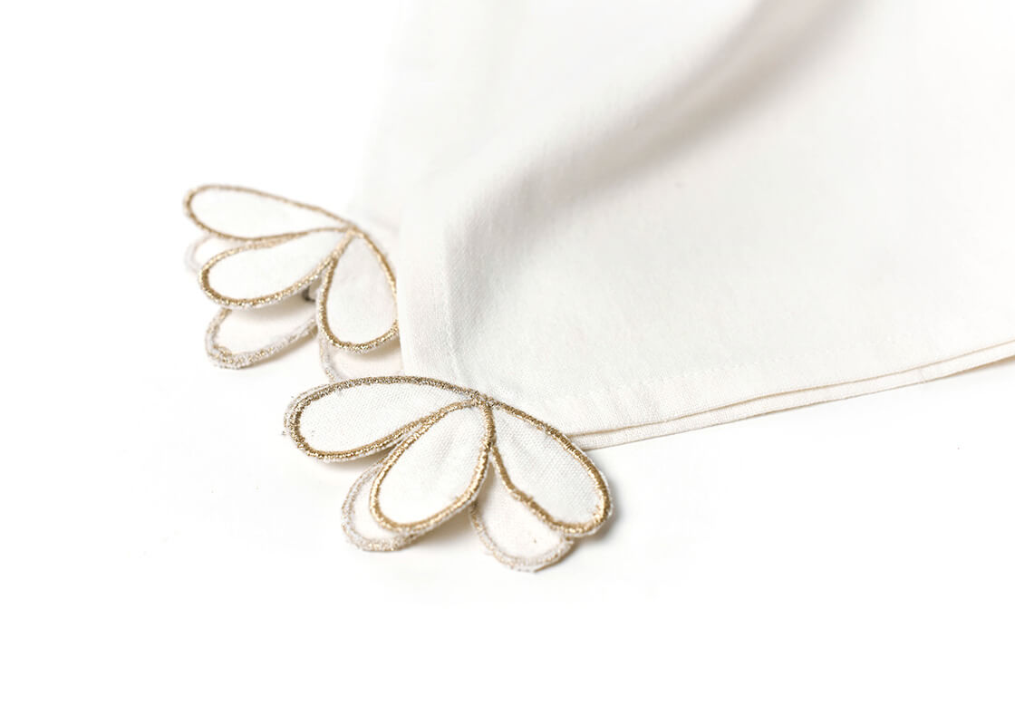 Cropped Close up of Detailed Embroidery Technique on Deco Gold Napkins Set of 4 Showcasing Unique Cutwork Edge