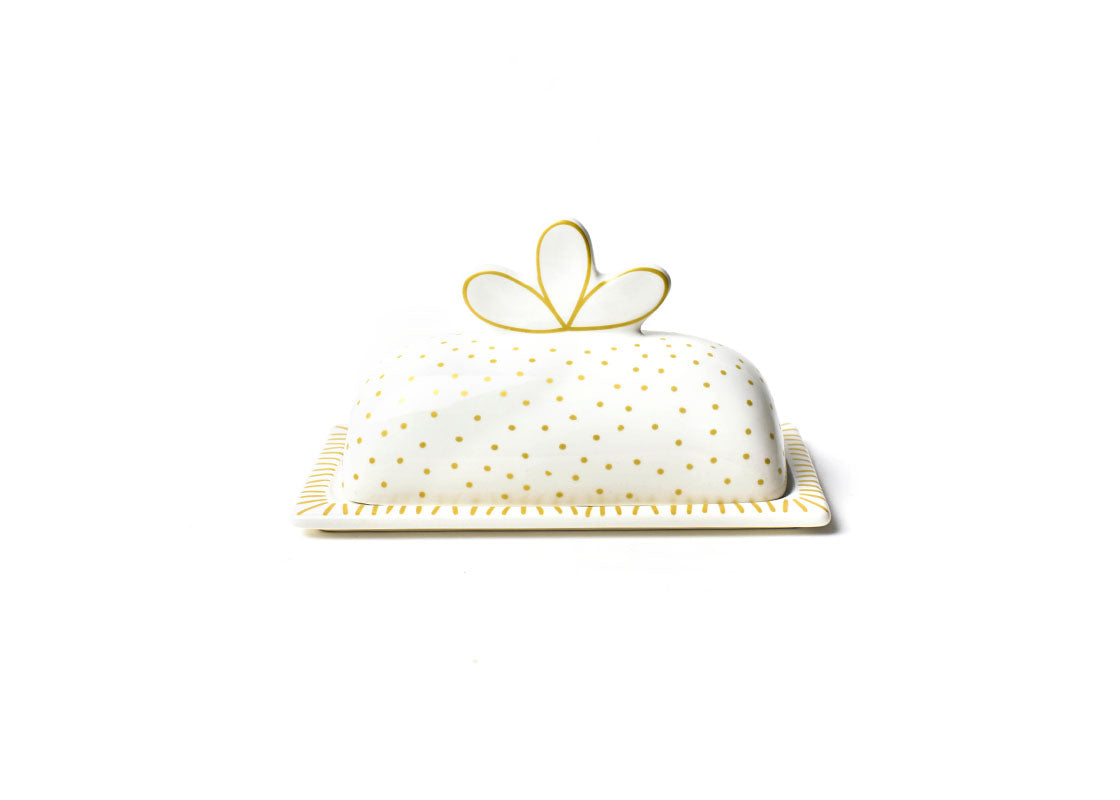 Front View of Deco Gold Scallop Knob Butter Dish Showcasing Design Details on Outside