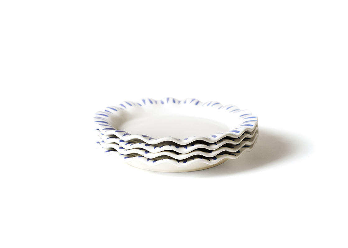 Front View of Neatly Stacked Iris Blue Drop Ruffle Dinner Plate Set of 4 Showcasing Repeating Pattern on Edge