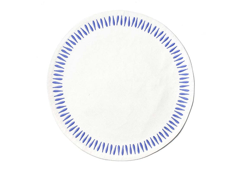 Crisp White Background and Embroidered Edge Pattern of Blue on Iris Blue Drop Round Placemat