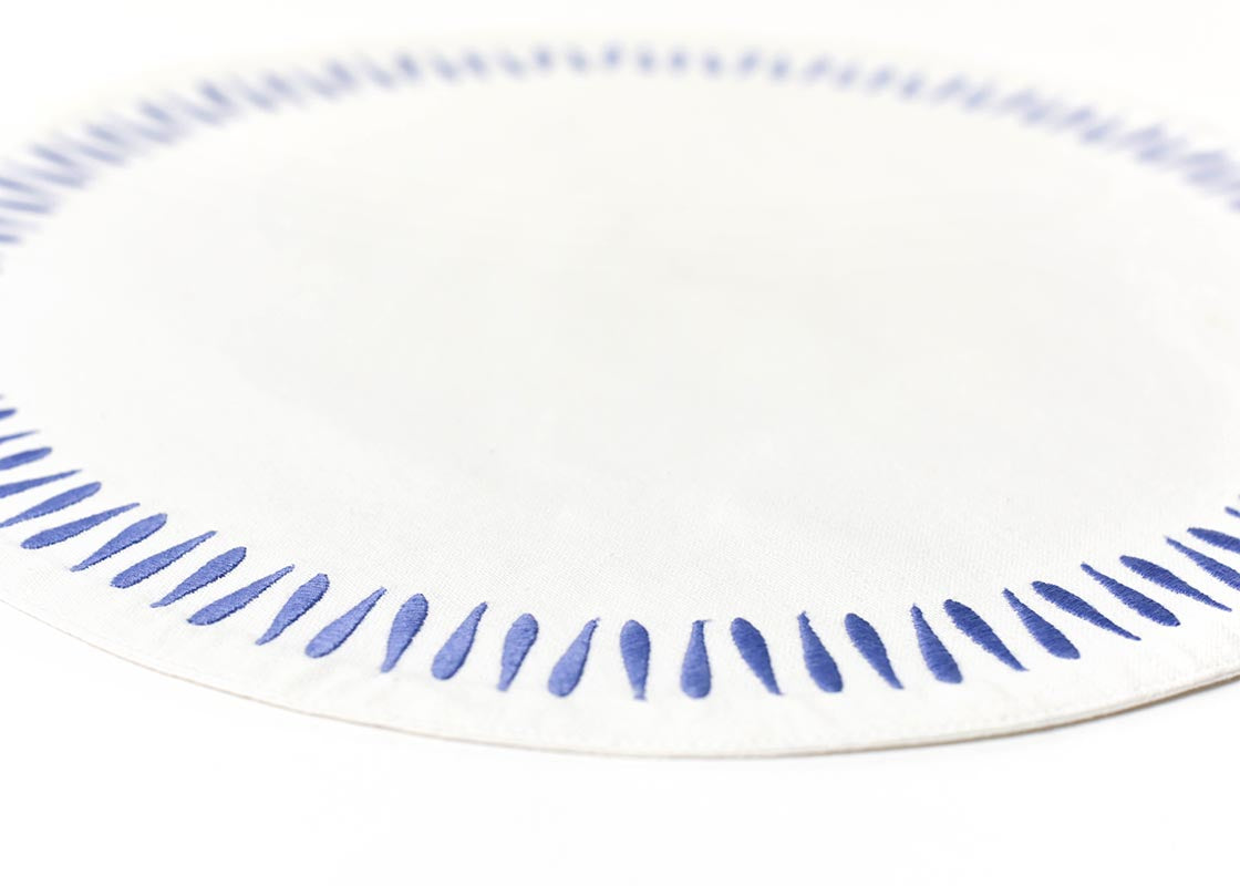 Cropped Close up of Detailed Embroidery on Border ofn Iris Blue Drop Round Placemat Showcasing Beautiful Texture of Fabric
