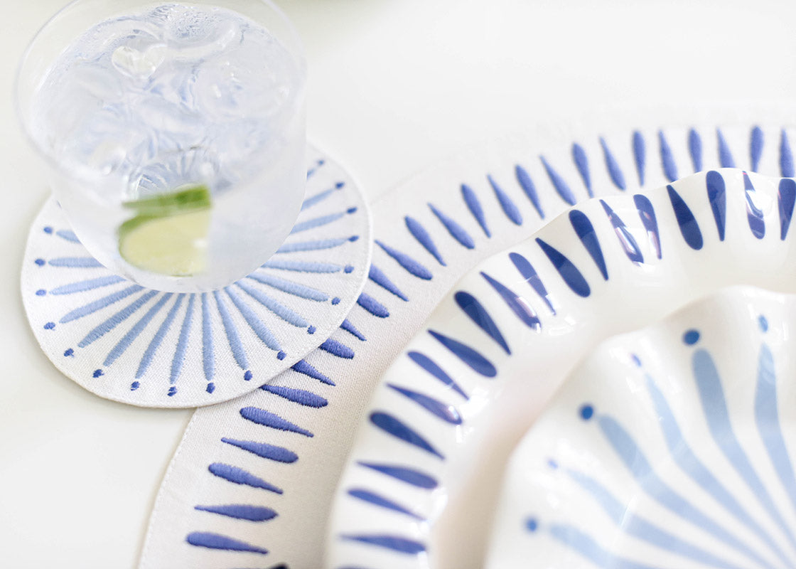 Cropped Close up of Overhead View of Iris Blue Designs Including Round Placemat