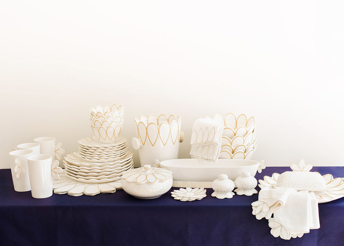 Front View of Deco Collection Placed on Table with Navy Blue Tablecloth