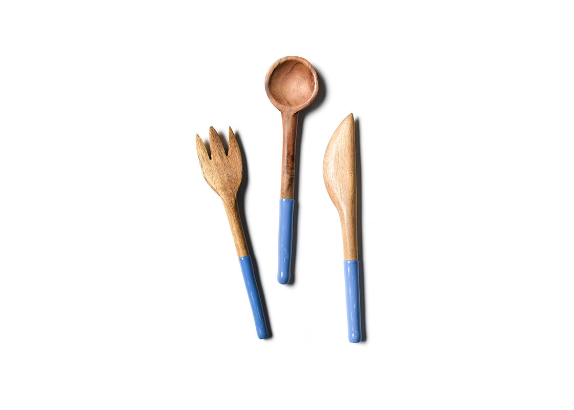 Overhead View of Fork, Spoon and Knife in French Blue Fundamental Wood Appetizer Utensil Placed Side by Side