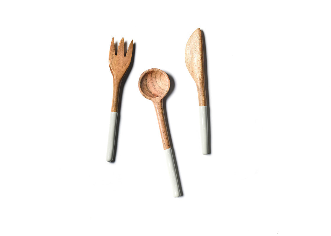 Overhead View of Fork, Spoon and Knife in Stellar Fundamental Wood Appetizer Utensil Set Placed Side by Side