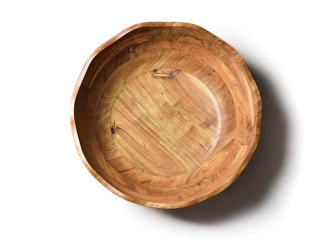 Interior view of Fundamental Wood 19in Ruffle Bowl Showcasing Beautiful Wood Grain Inside