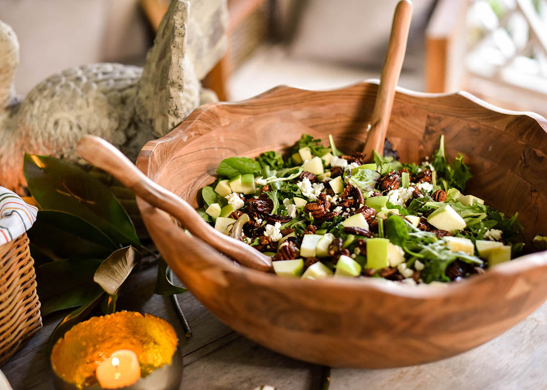 Front View of Fundamental Wood 19in Ruffle Bowl Filled with Salad on Thanksgiving Buffet
