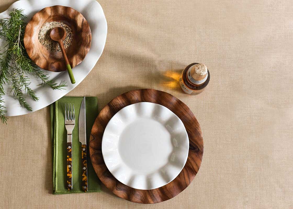 Overhead View of Serene Individual Place Setting with Olive Fundamental Wood Appetizer Spoon Serving Salt and Pepper from Bowl