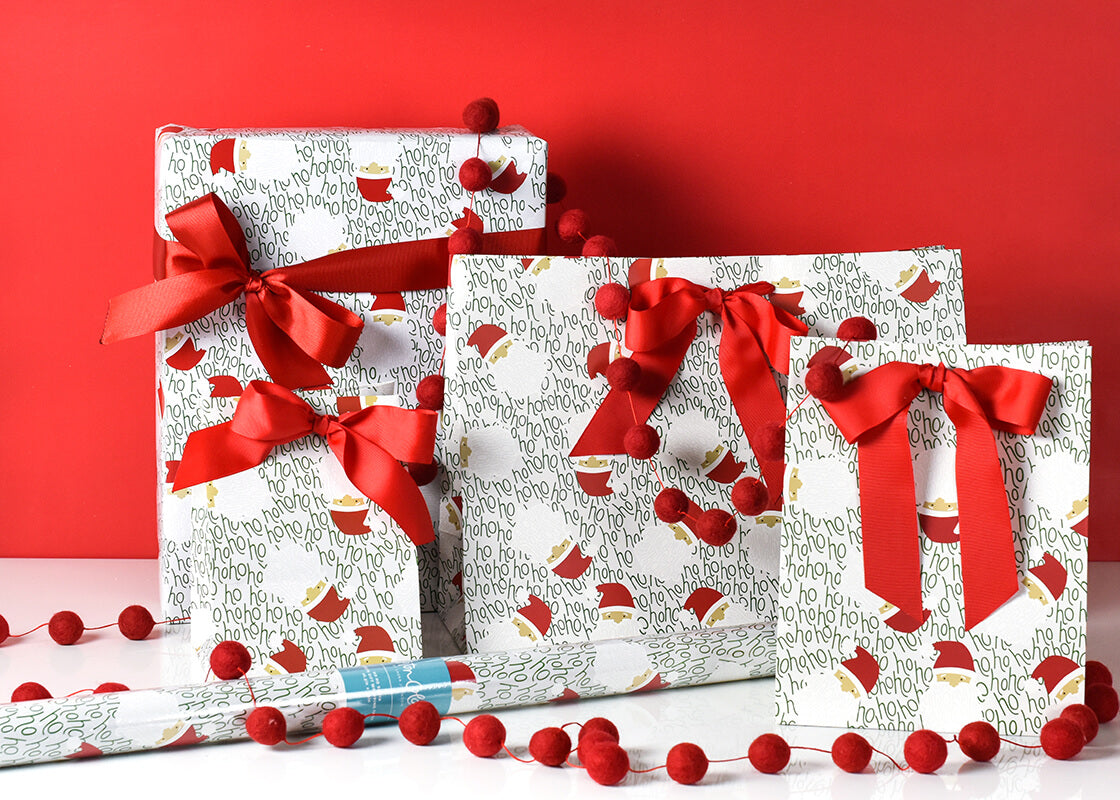 Front View of Ho Ho Santa Design Gift Wrap and Bags Including Ho Ho Santa Large Gift Bag