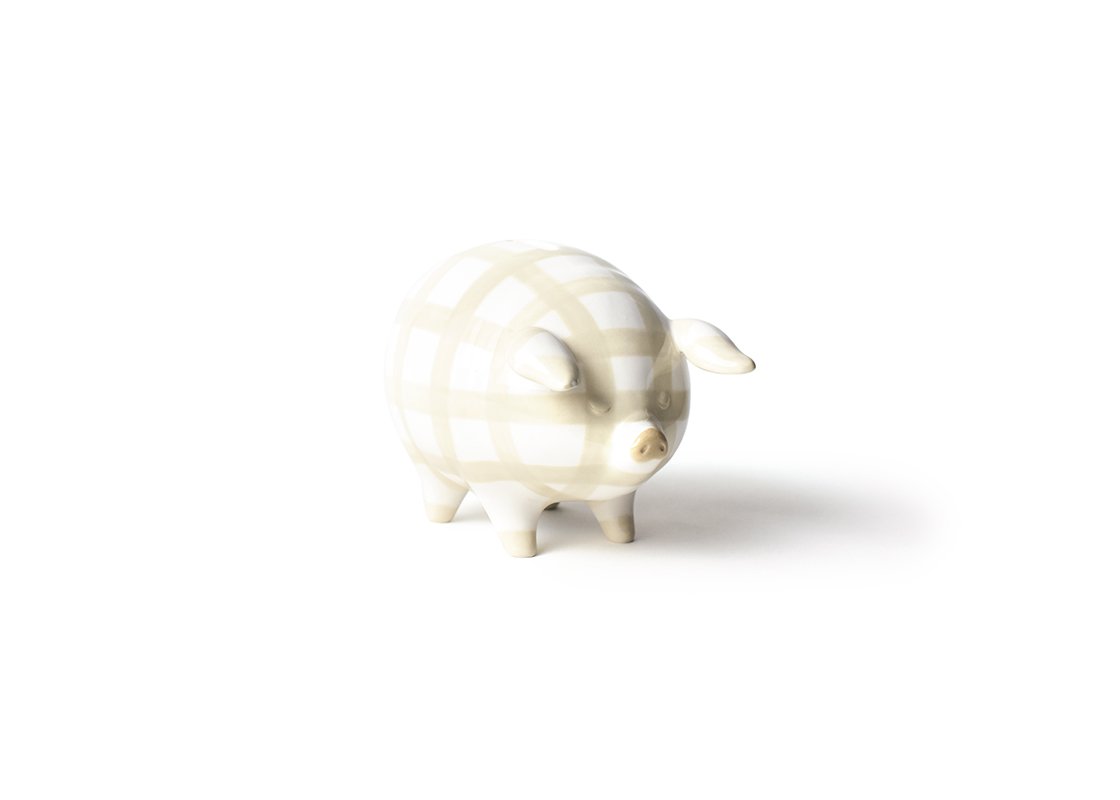 Front View of Angled Ecru Gingham Piggy Bank with Neutral Coloring