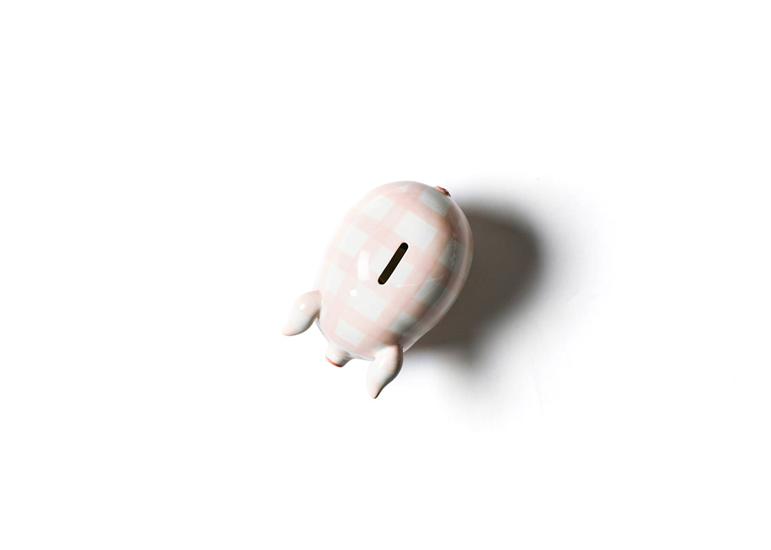 Overhead View of Angled Pink Gingham Piggy Bank