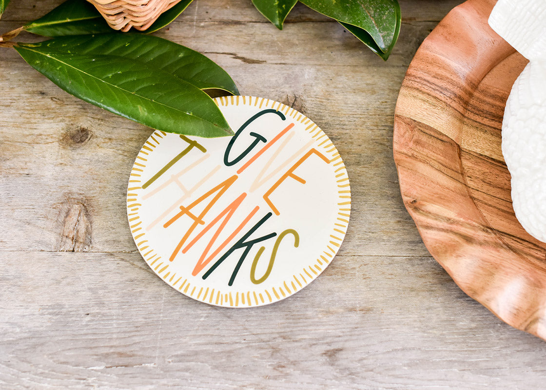 Cropped Close up of Thanksgiving Tablescape Including Dusk Give Thanks Round Trivet