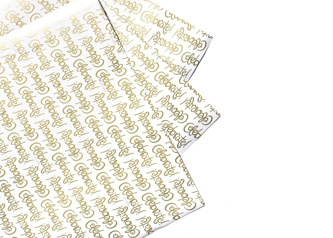 Cropped Close up of Celebrate Gift Wrapping Paper 3 Sheets Showcasing the Message "Celebrate" in Our Branded Handwriting