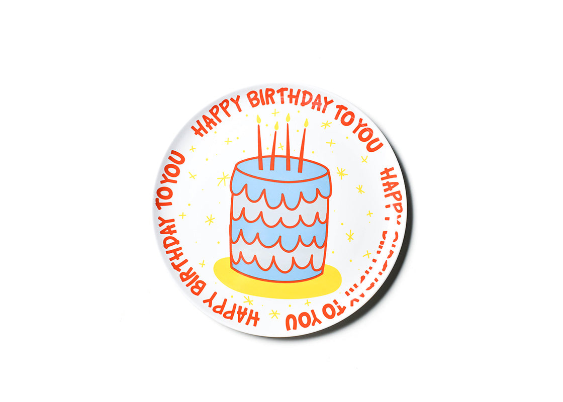 Overhead View of Blue Happy Birthday Cake Melamine Dinner Plate