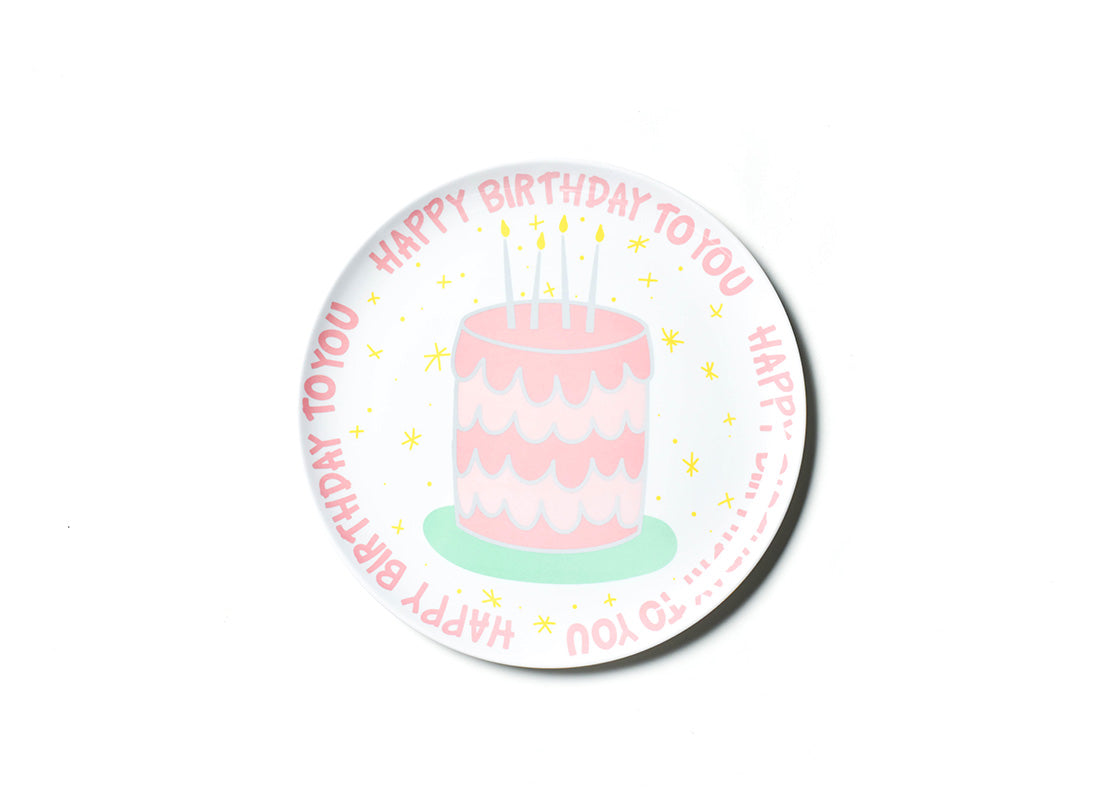 Overhead View of Pink Happy Birthday Cake Melamine Dinner Plate