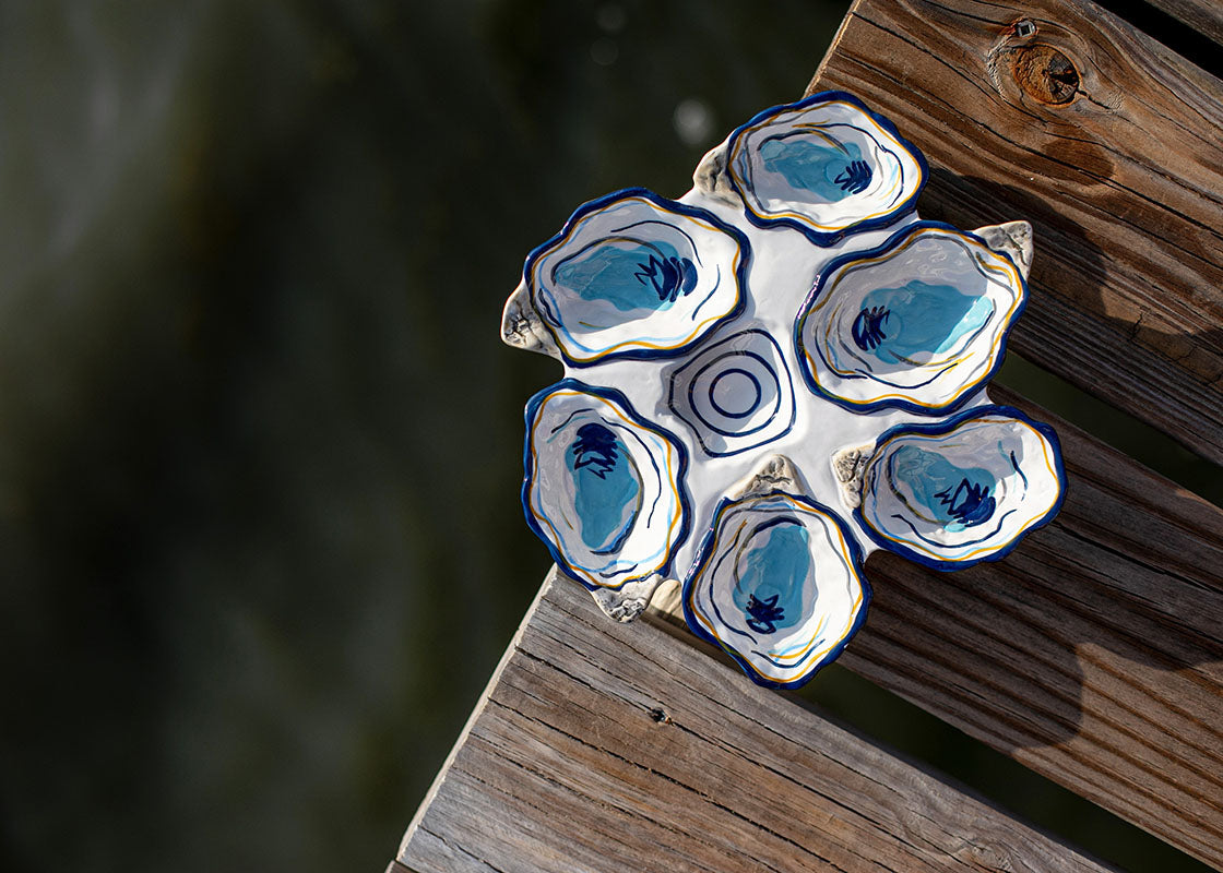 Overhead View of Oyster Half Dozen Platter on a Dock by the Water