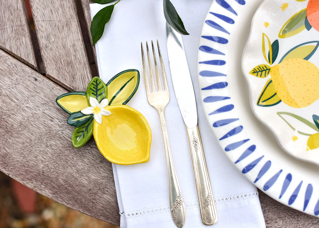 Overhead View of Coordinating Citrus Designs Including Lemon Trinket Bowl