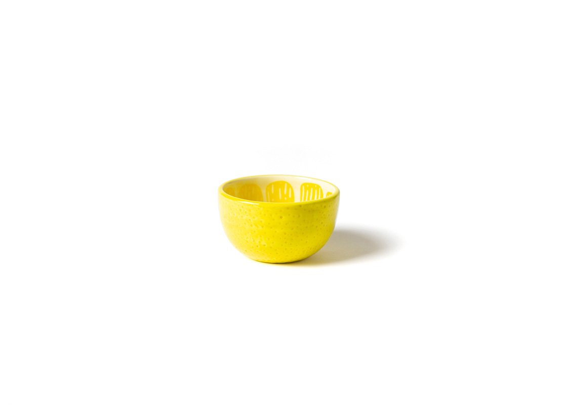 Front View of Ceramic Lemon Ceramic Appetizer Bowl Shaped Like a Lemon Half with Dimpled Peel Texture.