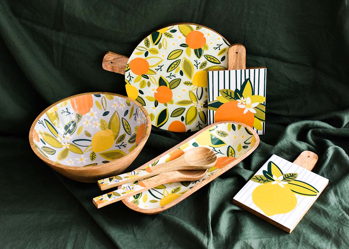 Front View of Citrus Collection Including Lemon Wood Small Rectangle Board