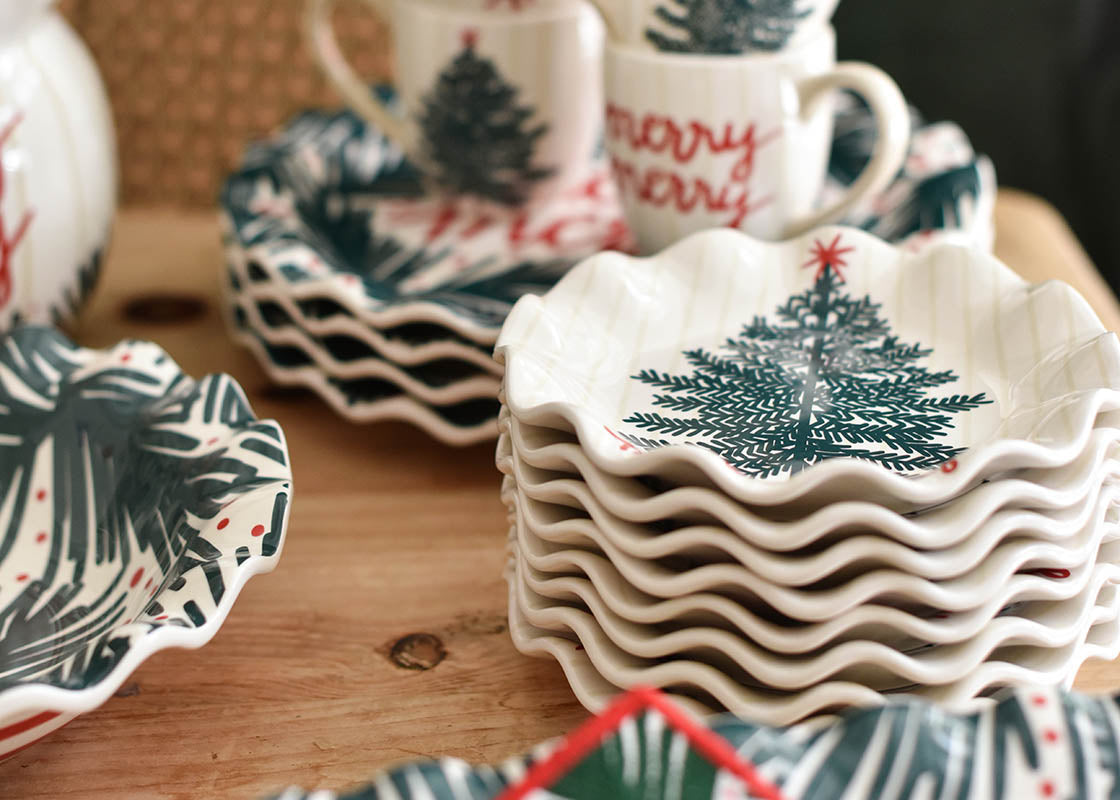 Cropped Close up of Christmas Table Set with Holiday-themed Serveware Including Balsam and Berry Ruffle Salad Plate