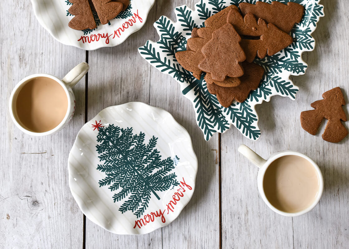 Overhead View of Merry Tree Ruffle Salad Plate Paired with Balsam and Berry Platter and Mugs