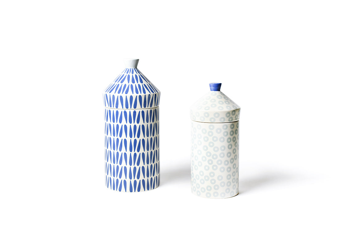 Front View of Iris Blue Canisters Set of 2 Showcasing Unique Designs on Each Piece