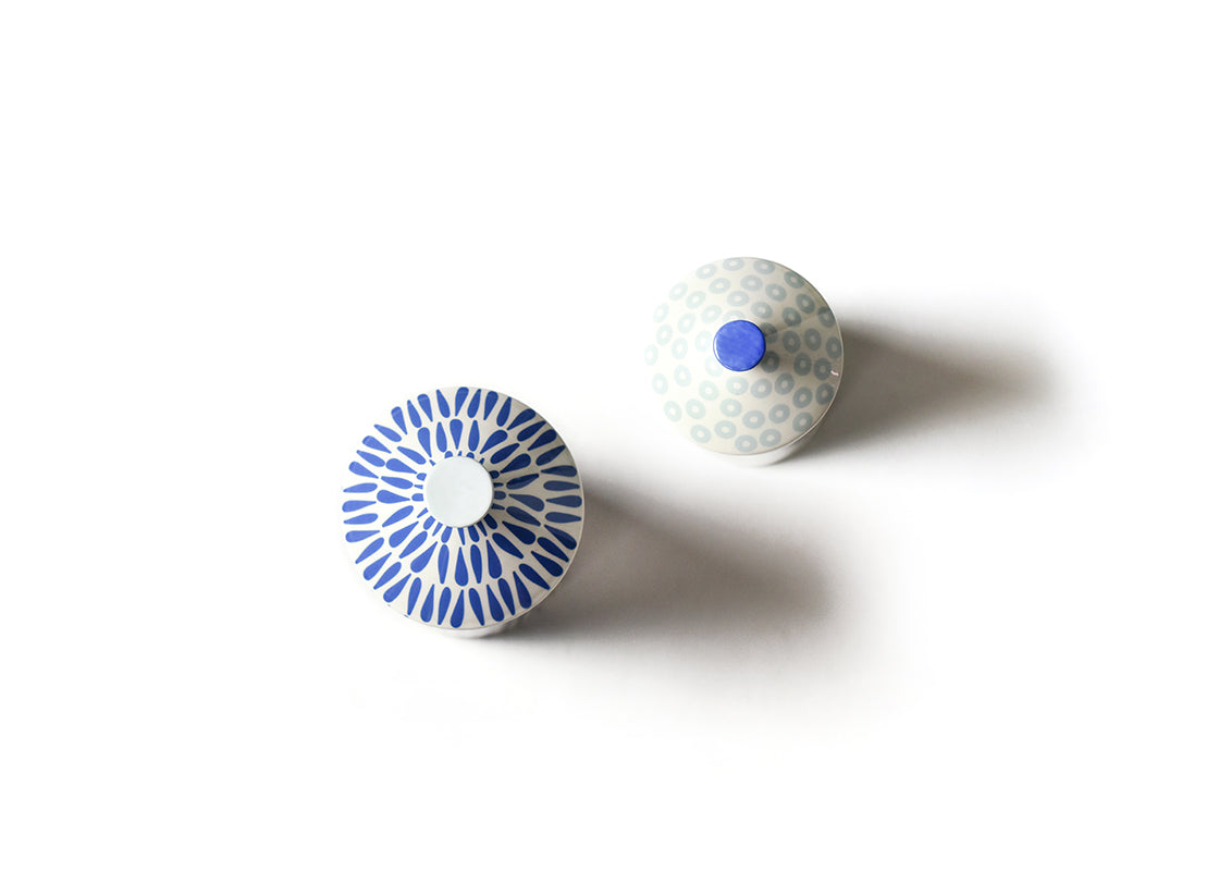 Overhead View of Iris Blue Canisters Set of 2 Showcasing Unique Designs on Lid and Knob