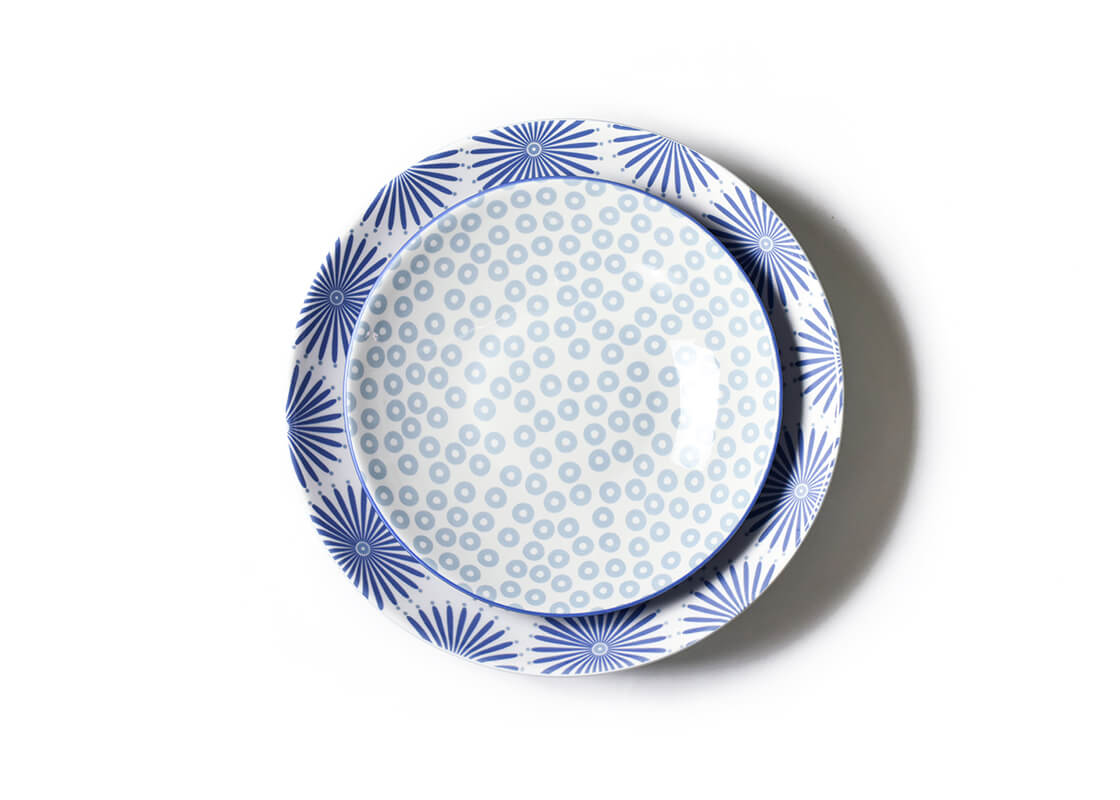 Overhead View of Iris Blue Burst Pip Mix Pasta Bowls Set of 2