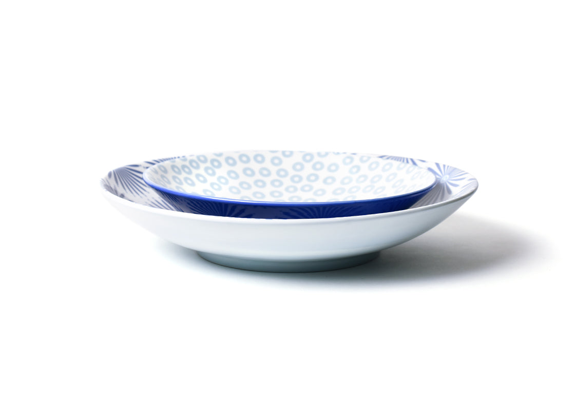 Front View of Iris Blue Burst Pip Mix Pasta Bowls Set of 2