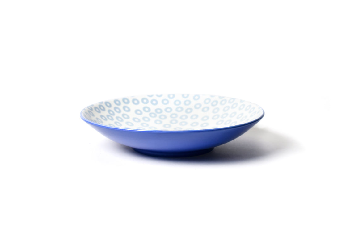 Front View of One Bowl in Iris Blue Burst Pip Mix Pasta Bowls Set of 2 Showcasing Blue Hand-Painting on Outside