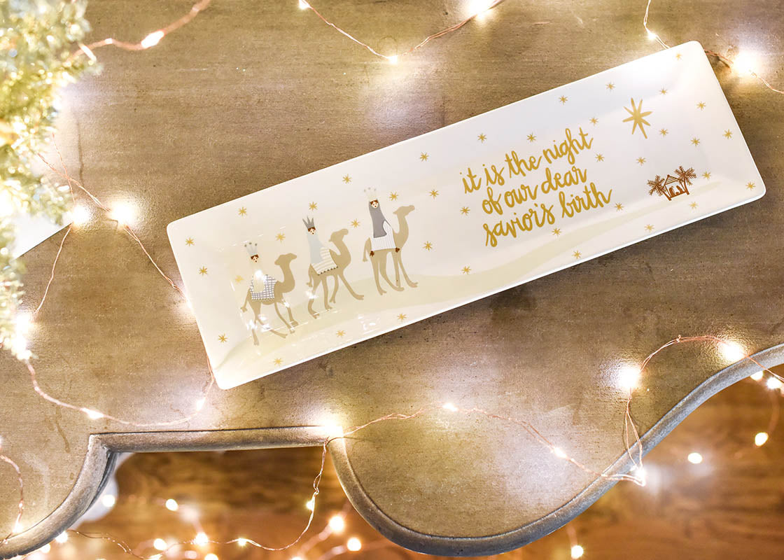 Overhead View of Religious Christmas Serving Tray with Gold Stars and 3 Wise Men in Nativity Theme